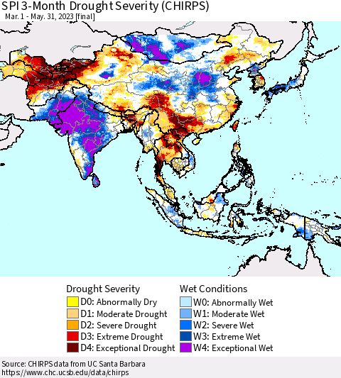 Asia SPI 3-Month Drought Severity (CHIRPS) Thematic Map For 3/1/2023 - 5/31/2023