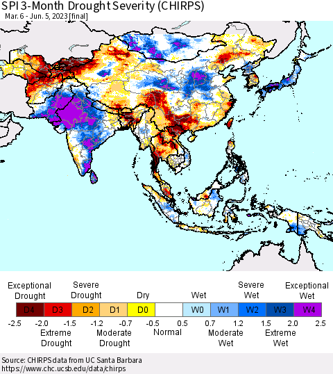 Asia SPI 3-Month Drought Severity (CHIRPS) Thematic Map For 3/6/2023 - 6/5/2023