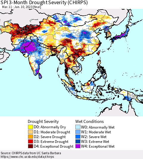 Asia SPI 3-Month Drought Severity (CHIRPS) Thematic Map For 3/11/2023 - 6/10/2023