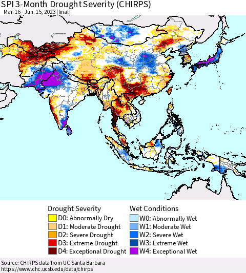 Asia SPI 3-Month Drought Severity (CHIRPS) Thematic Map For 3/16/2023 - 6/15/2023