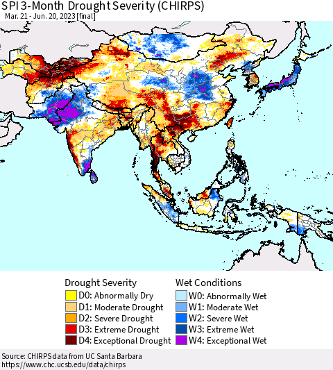 Asia SPI 3-Month Drought Severity (CHIRPS) Thematic Map For 3/21/2023 - 6/20/2023