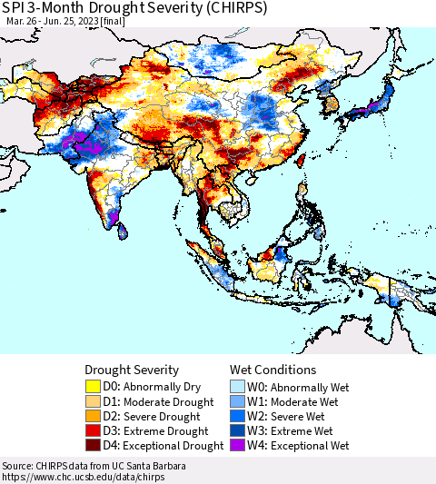 Asia SPI 3-Month Drought Severity (CHIRPS) Thematic Map For 3/26/2023 - 6/25/2023