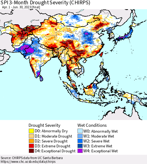 Asia SPI 3-Month Drought Severity (CHIRPS) Thematic Map For 4/1/2023 - 6/30/2023