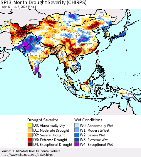 Asia SPI 3-Month Drought Severity (CHIRPS) Thematic Map For 4/6/2023 - 7/5/2023