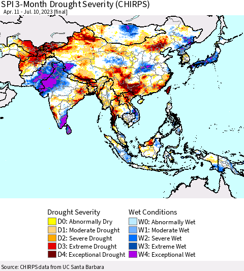 Asia SPI 3-Month Drought Severity (CHIRPS) Thematic Map For 4/11/2023 - 7/10/2023