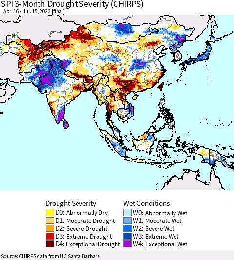 Asia SPI 3-Month Drought Severity (CHIRPS) Thematic Map For 4/16/2023 - 7/15/2023