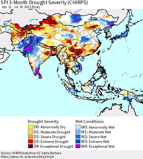 Asia SPI 3-Month Drought Severity (CHIRPS) Thematic Map For 4/21/2023 - 7/20/2023