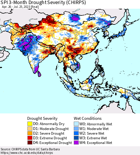 Asia SPI 3-Month Drought Severity (CHIRPS) Thematic Map For 4/26/2023 - 7/25/2023