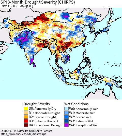 Asia SPI 3-Month Drought Severity (CHIRPS) Thematic Map For 5/1/2023 - 7/31/2023
