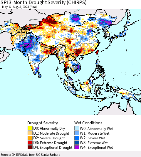 Asia SPI 3-Month Drought Severity (CHIRPS) Thematic Map For 5/6/2023 - 8/5/2023