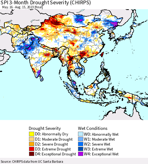 Asia SPI 3-Month Drought Severity (CHIRPS) Thematic Map For 5/16/2023 - 8/15/2023