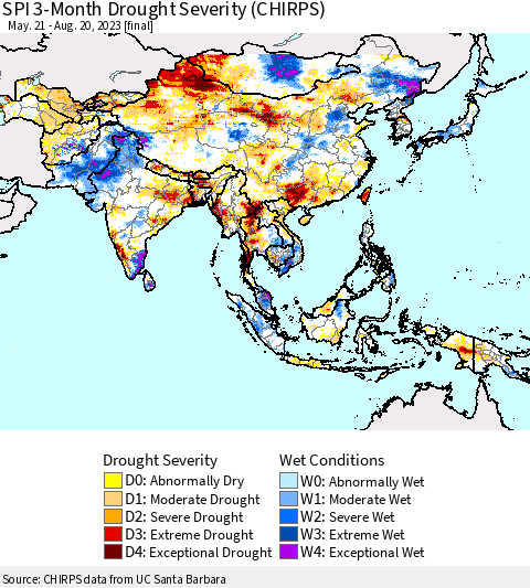 Asia SPI 3-Month Drought Severity (CHIRPS) Thematic Map For 5/21/2023 - 8/20/2023