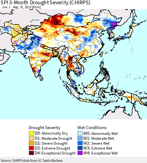 Asia SPI 3-Month Drought Severity (CHIRPS) Thematic Map For 6/1/2023 - 8/31/2023