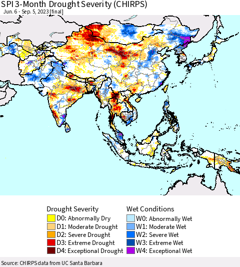 Asia SPI 3-Month Drought Severity (CHIRPS) Thematic Map For 6/6/2023 - 9/5/2023