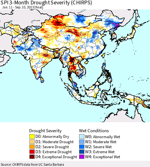 Asia SPI 3-Month Drought Severity (CHIRPS) Thematic Map For 6/11/2023 - 9/10/2023