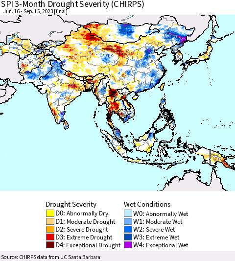 Asia SPI 3-Month Drought Severity (CHIRPS) Thematic Map For 6/16/2023 - 9/15/2023