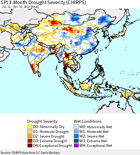 Asia SPI 3-Month Drought Severity (CHIRPS) Thematic Map For 7/11/2023 - 10/10/2023