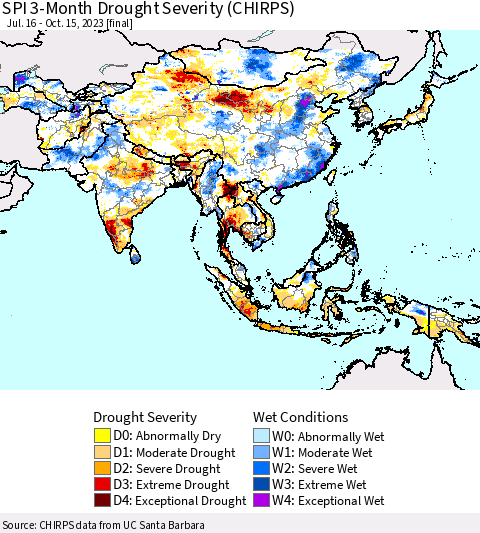 Asia SPI 3-Month Drought Severity (CHIRPS) Thematic Map For 7/16/2023 - 10/15/2023
