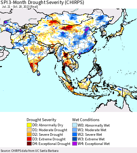 Asia SPI 3-Month Drought Severity (CHIRPS) Thematic Map For 7/21/2023 - 10/20/2023