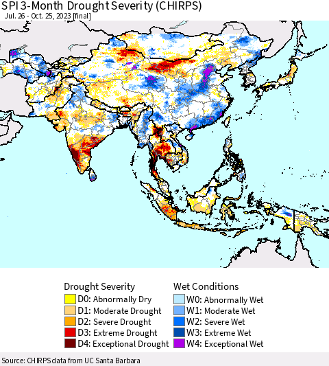 Asia SPI 3-Month Drought Severity (CHIRPS) Thematic Map For 7/26/2023 - 10/25/2023