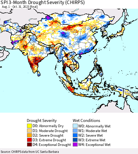 Asia SPI 3-Month Drought Severity (CHIRPS) Thematic Map For 8/1/2023 - 10/31/2023