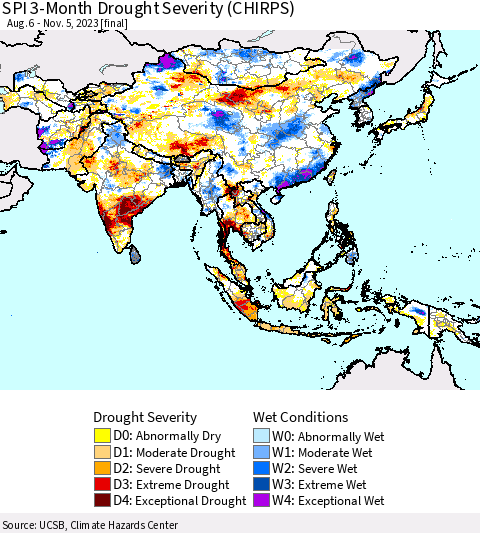 Asia SPI 3-Month Drought Severity (CHIRPS) Thematic Map For 8/6/2023 - 11/5/2023