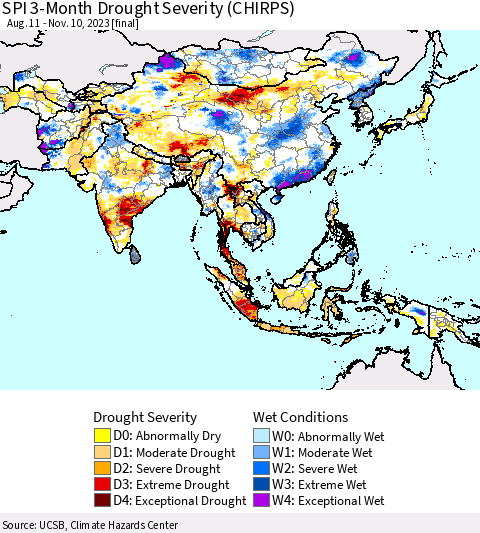 Asia SPI 3-Month Drought Severity (CHIRPS) Thematic Map For 8/11/2023 - 11/10/2023