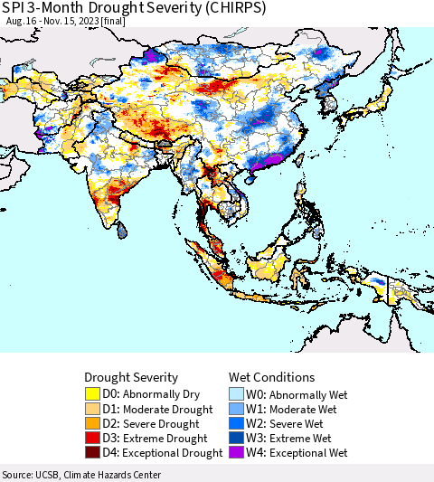 Asia SPI 3-Month Drought Severity (CHIRPS) Thematic Map For 8/16/2023 - 11/15/2023