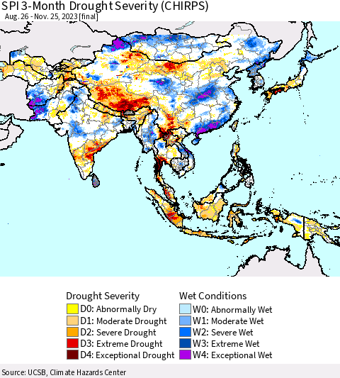 Asia SPI 3-Month Drought Severity (CHIRPS) Thematic Map For 8/26/2023 - 11/25/2023