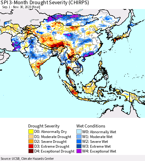 Asia SPI 3-Month Drought Severity (CHIRPS) Thematic Map For 9/1/2023 - 11/30/2023