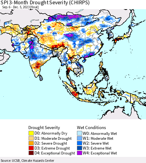 Asia SPI 3-Month Drought Severity (CHIRPS) Thematic Map For 9/6/2023 - 12/5/2023