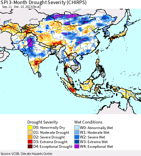 Asia SPI 3-Month Drought Severity (CHIRPS) Thematic Map For 9/11/2023 - 12/10/2023