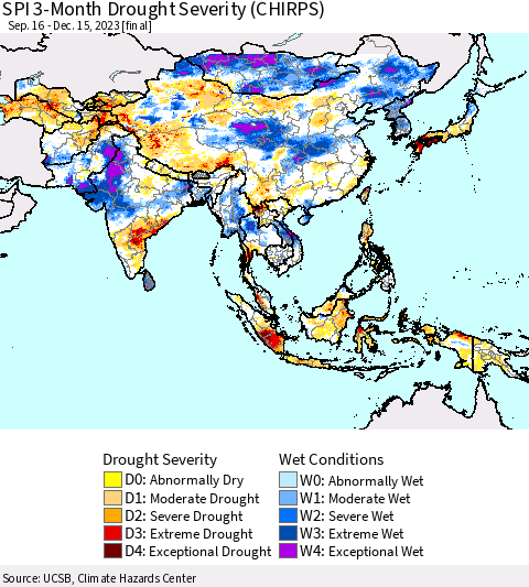 Asia SPI 3-Month Drought Severity (CHIRPS) Thematic Map For 9/16/2023 - 12/15/2023