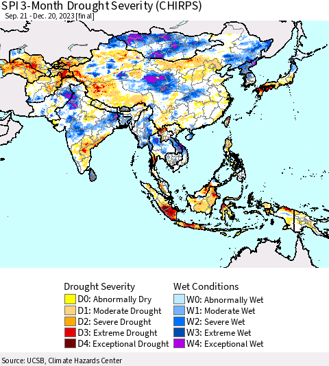 Asia SPI 3-Month Drought Severity (CHIRPS) Thematic Map For 9/21/2023 - 12/20/2023