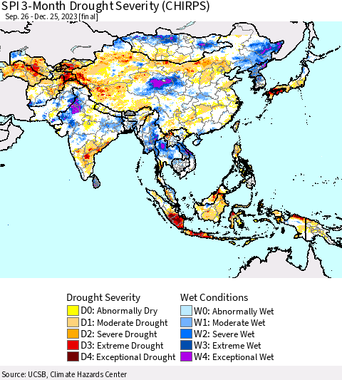Asia SPI 3-Month Drought Severity (CHIRPS) Thematic Map For 9/26/2023 - 12/25/2023