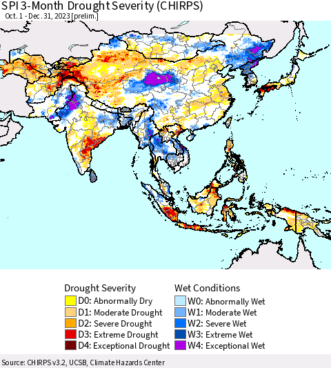 Asia SPI 3-Month Drought Severity (CHIRPS) Thematic Map For 10/1/2023 - 12/31/2023