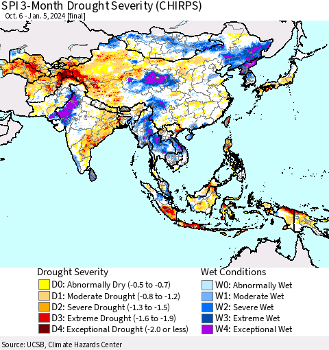 Asia SPI 3-Month Drought Severity (CHIRPS) Thematic Map For 10/6/2023 - 1/5/2024