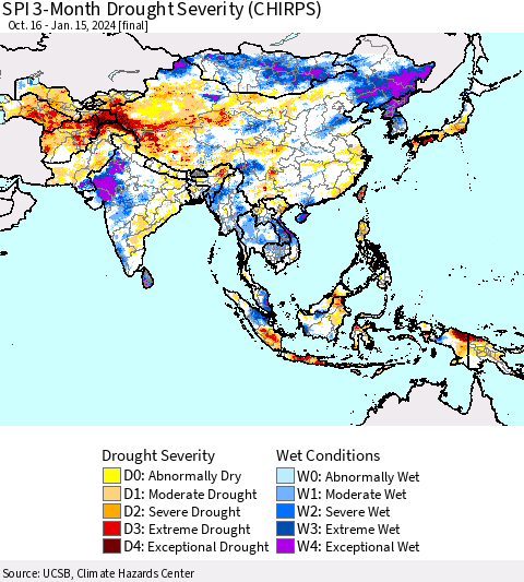 Asia SPI 3-Month Drought Severity (CHIRPS) Thematic Map For 10/16/2023 - 1/15/2024