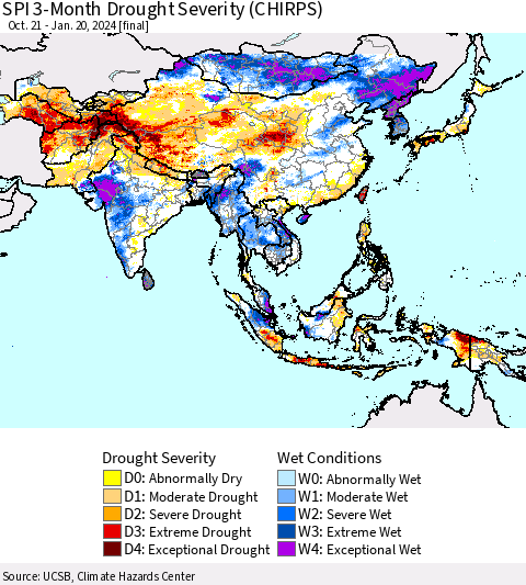 Asia SPI 3-Month Drought Severity (CHIRPS) Thematic Map For 10/21/2023 - 1/20/2024
