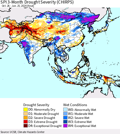 Asia SPI 3-Month Drought Severity (CHIRPS) Thematic Map For 10/26/2023 - 1/25/2024