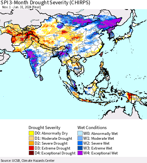 Asia SPI 3-Month Drought Severity (CHIRPS) Thematic Map For 11/1/2023 - 1/31/2024