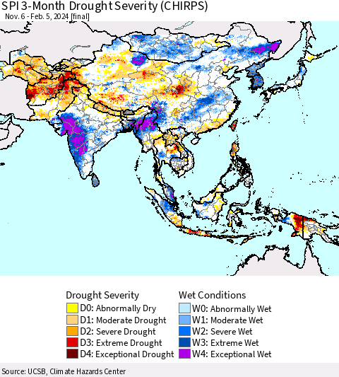 Asia SPI 3-Month Drought Severity (CHIRPS) Thematic Map For 11/6/2023 - 2/5/2024