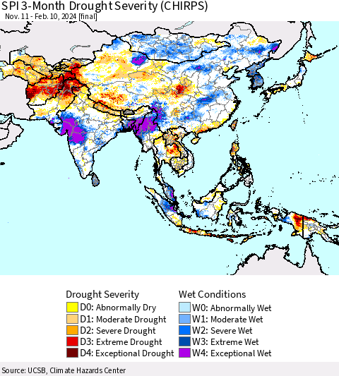 Asia SPI 3-Month Drought Severity (CHIRPS) Thematic Map For 11/11/2023 - 2/10/2024