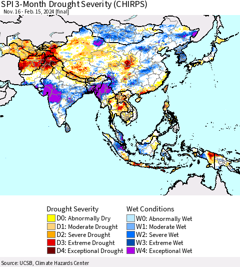 Asia SPI 3-Month Drought Severity (CHIRPS) Thematic Map For 11/16/2023 - 2/15/2024