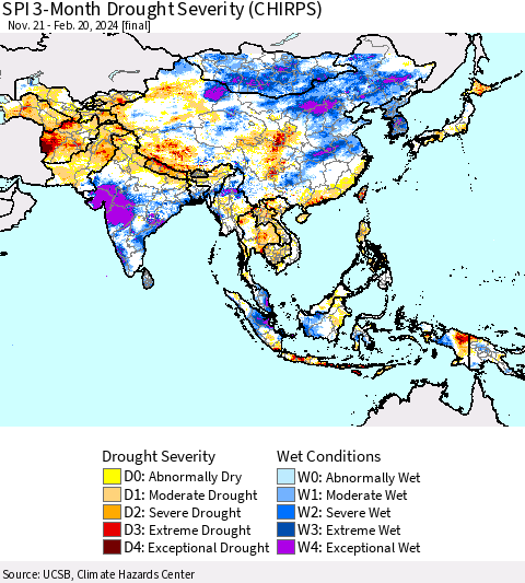 Asia SPI 3-Month Drought Severity (CHIRPS) Thematic Map For 11/21/2023 - 2/20/2024
