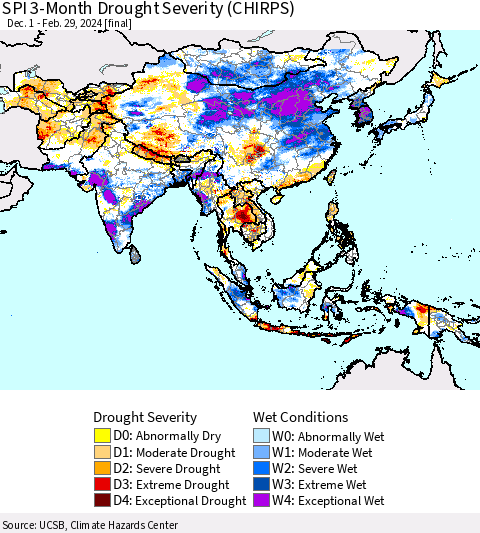 Asia SPI 3-Month Drought Severity (CHIRPS) Thematic Map For 12/1/2023 - 2/29/2024