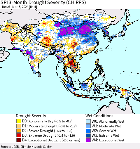 Asia SPI 3-Month Drought Severity (CHIRPS) Thematic Map For 12/6/2023 - 3/5/2024