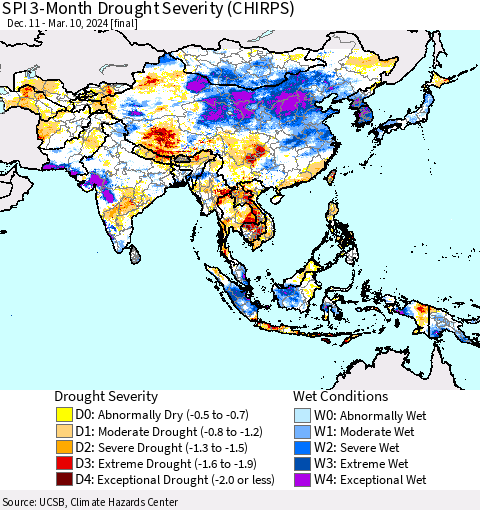 Asia SPI 3-Month Drought Severity (CHIRPS) Thematic Map For 12/11/2023 - 3/10/2024