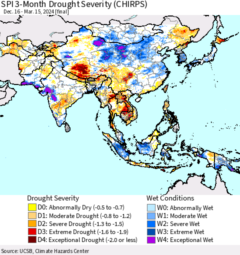 Asia SPI 3-Month Drought Severity (CHIRPS) Thematic Map For 12/16/2023 - 3/15/2024