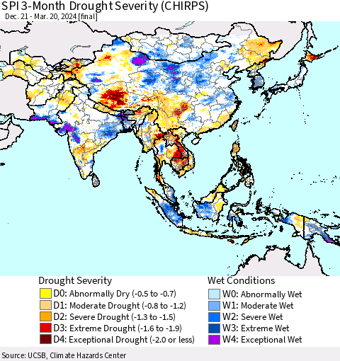 Asia SPI 3-Month Drought Severity (CHIRPS) Thematic Map For 12/21/2023 - 3/20/2024